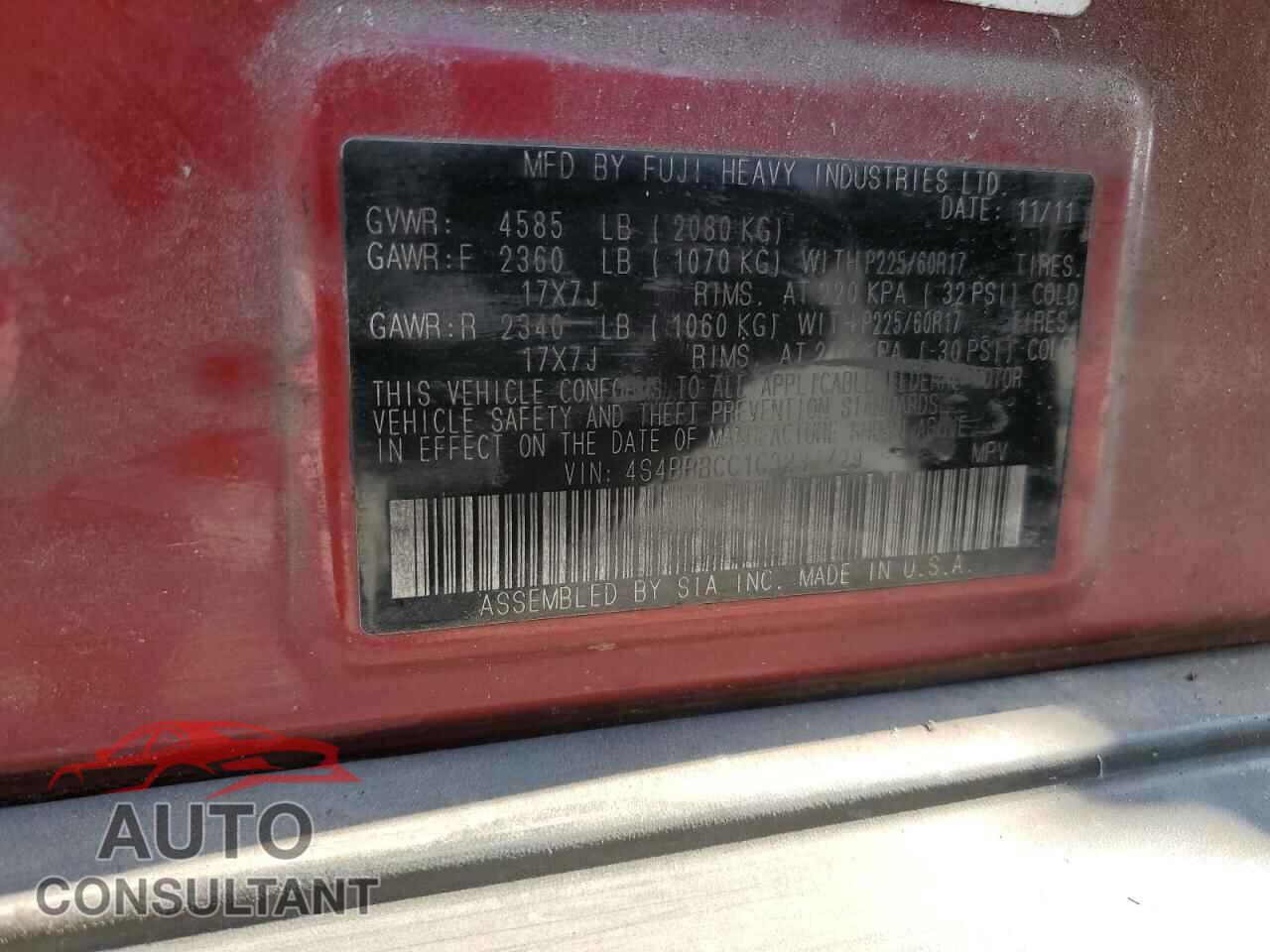 SUBARU OUTBACK 2012 - 4S4BRBCC1C3231729