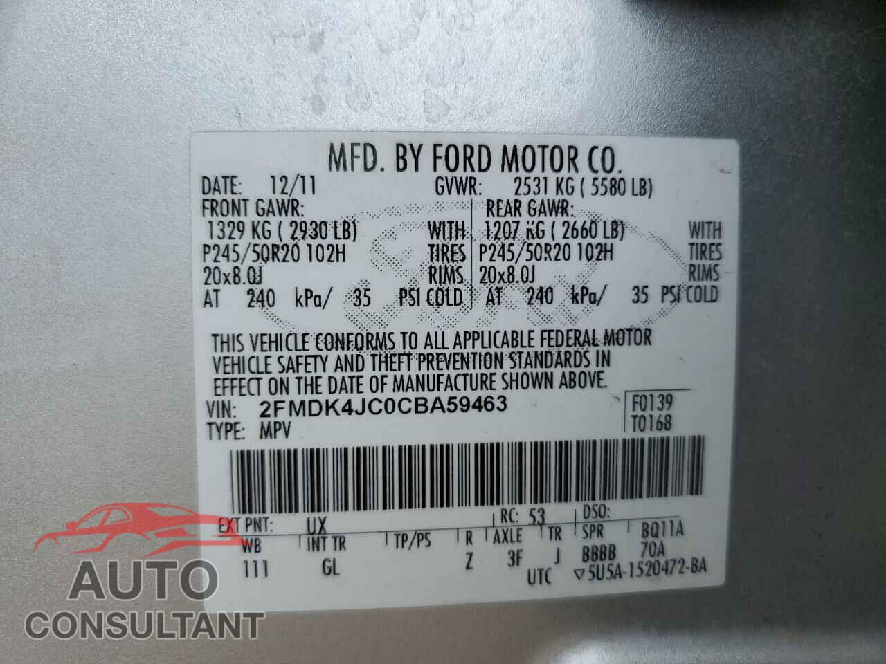 FORD EDGE 2012 - 2FMDK4JC0CBA59463