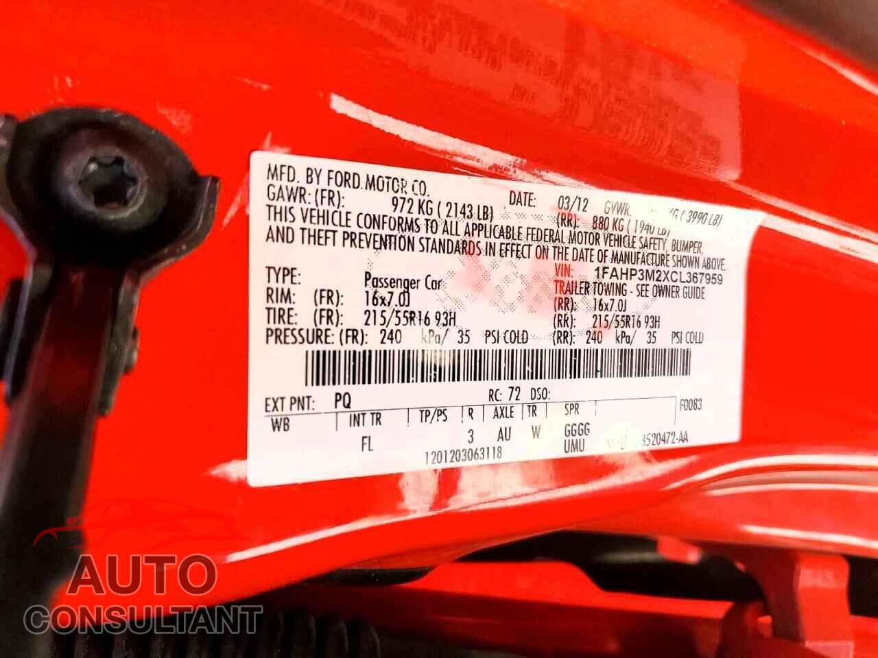FORD FOCUS 2012 - 1FAHP3M2XCL367959