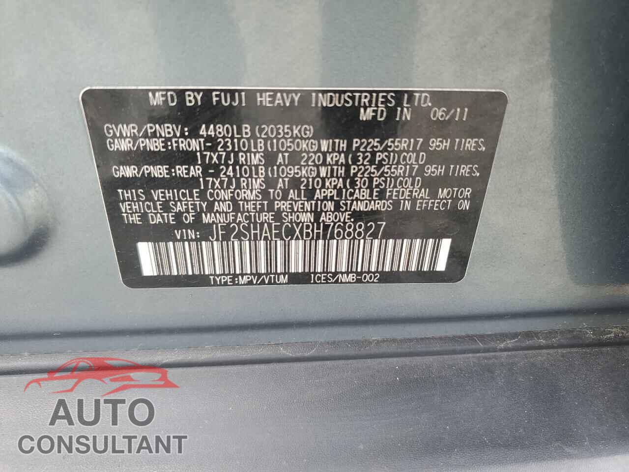 SUBARU FORESTER 2011 - JF2SHAECXBH768827