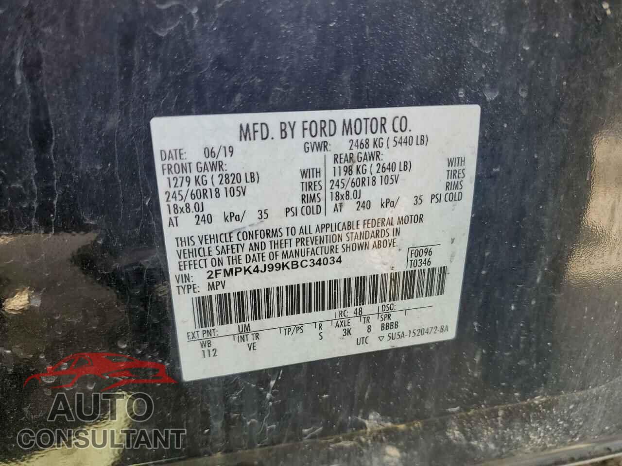 FORD EDGE 2019 - 2FMPK4J99KBC34034