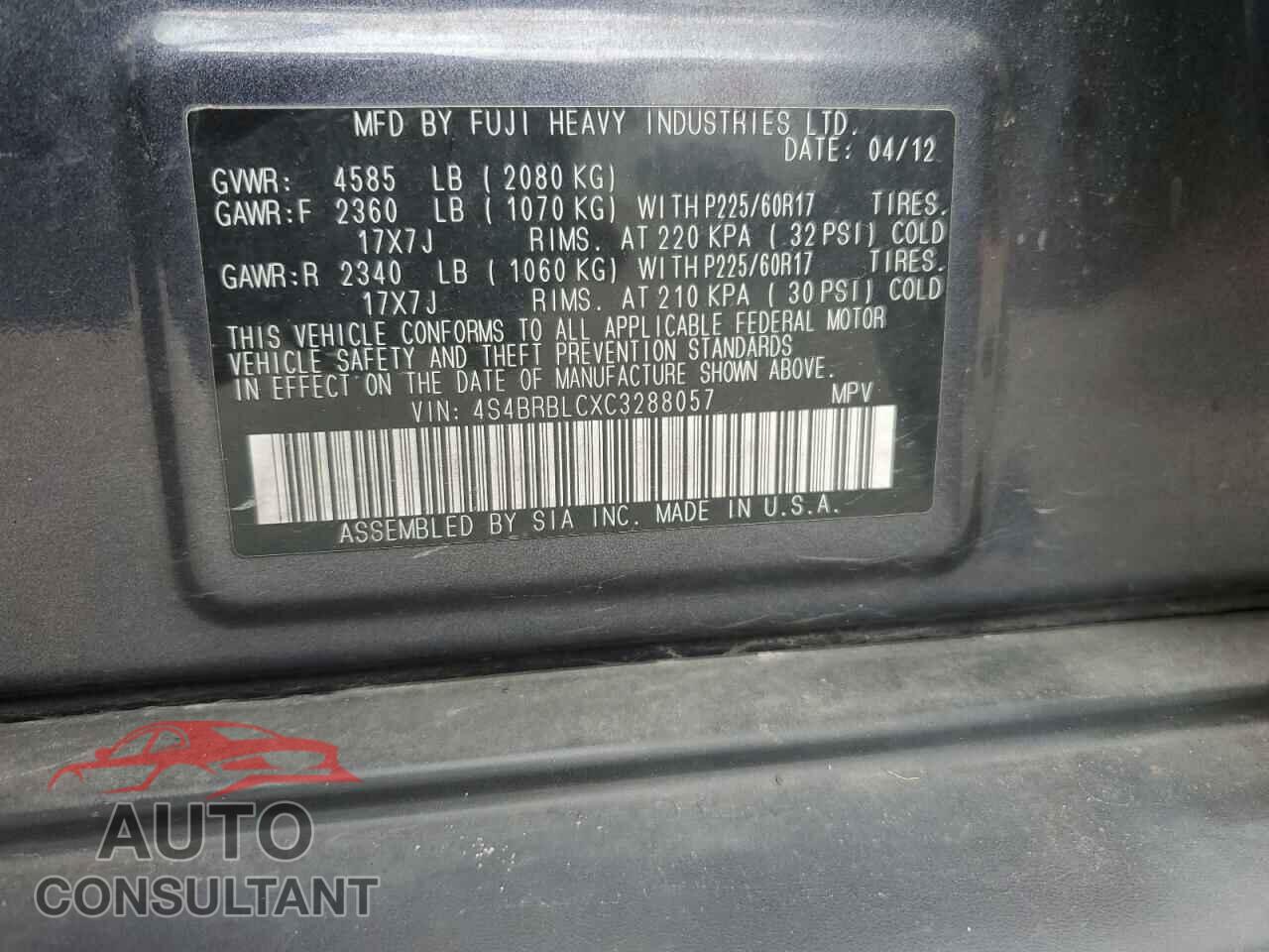 SUBARU OUTBACK 2012 - 4S4BRBLCXC3288057
