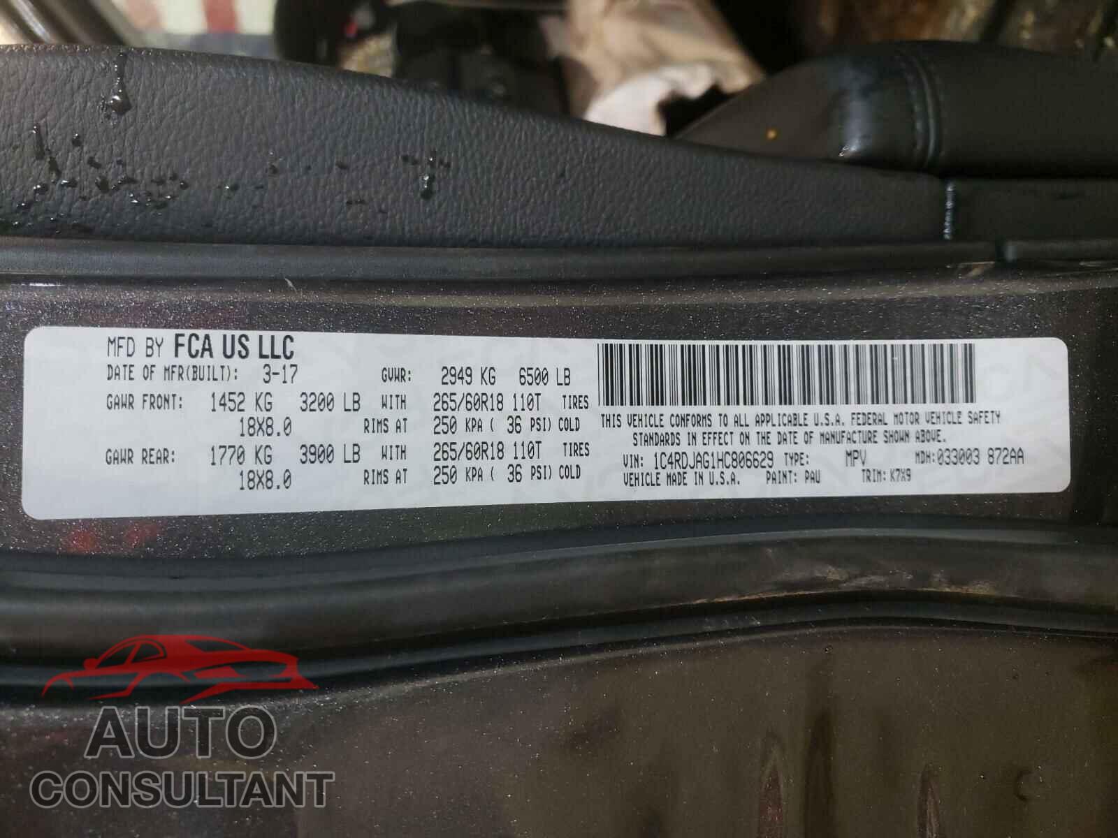 DODGE DURANGO 2017 - 1C4RDJAG1HC806629