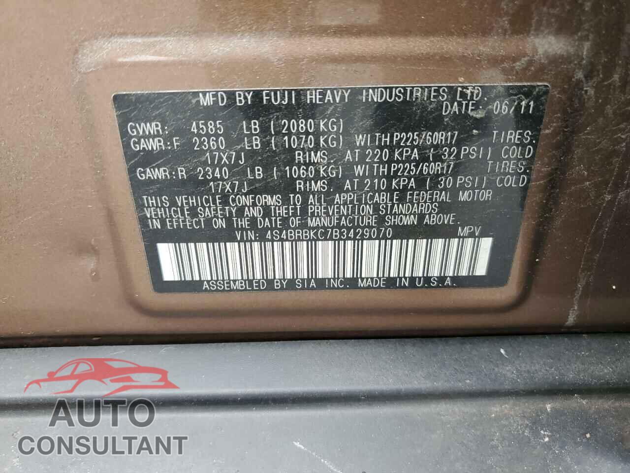 SUBARU OUTBACK 2011 - 4S4BRBKC7B3429070