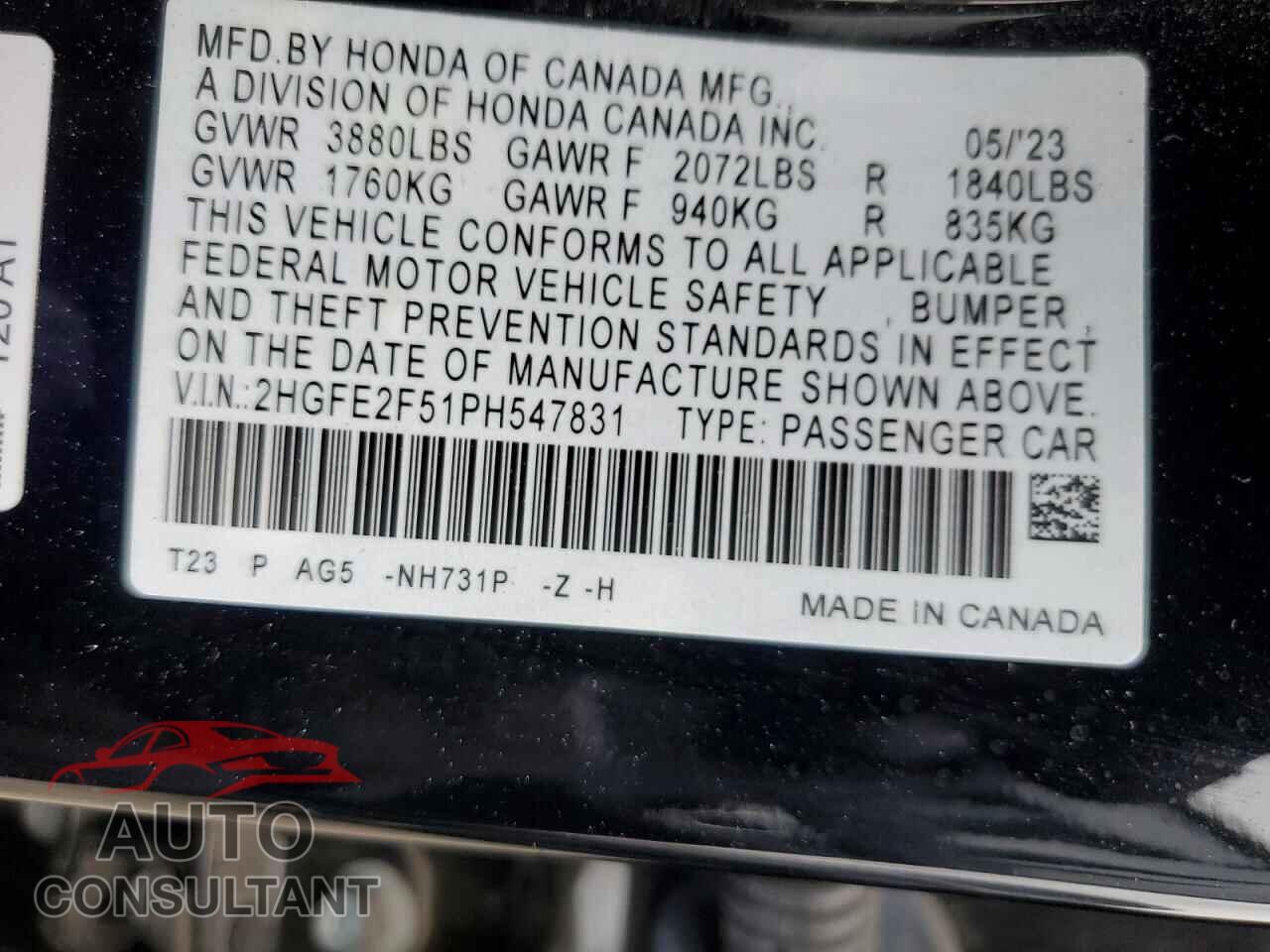 HONDA CIVIC 2023 - 2HGFE2F51PH547831