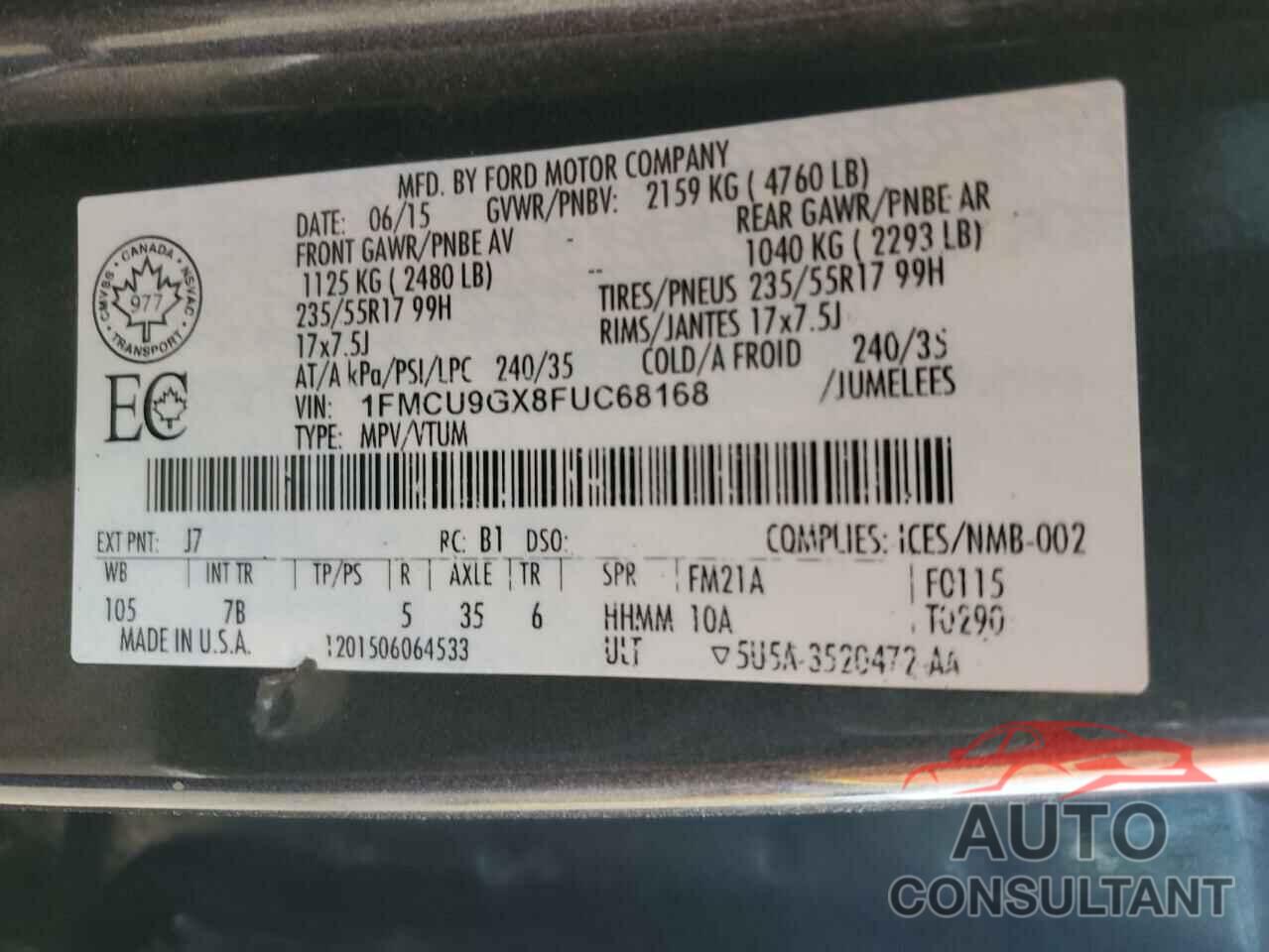 FORD ESCAPE 2015 - 1FMCU9GX8FUC68168