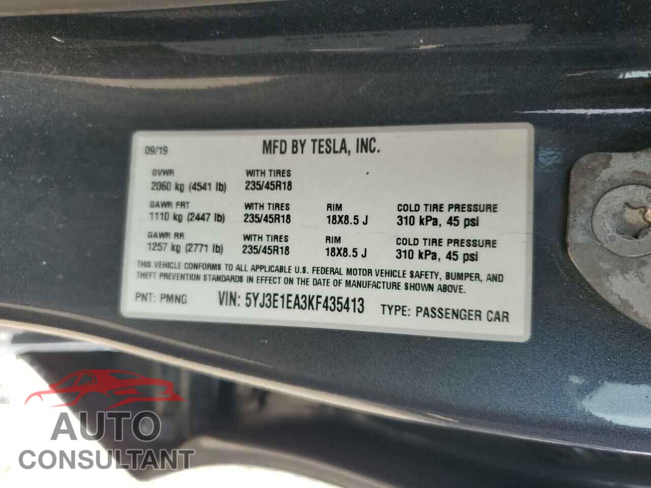 TESLA MODEL 3 2019 - 5YJ3E1EA3KF435413