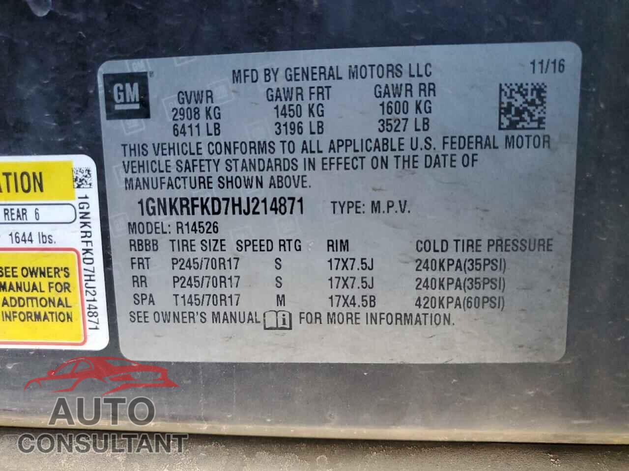 CHEVROLET TRAVERSE 2017 - 1GNKRFKD7HJ214871