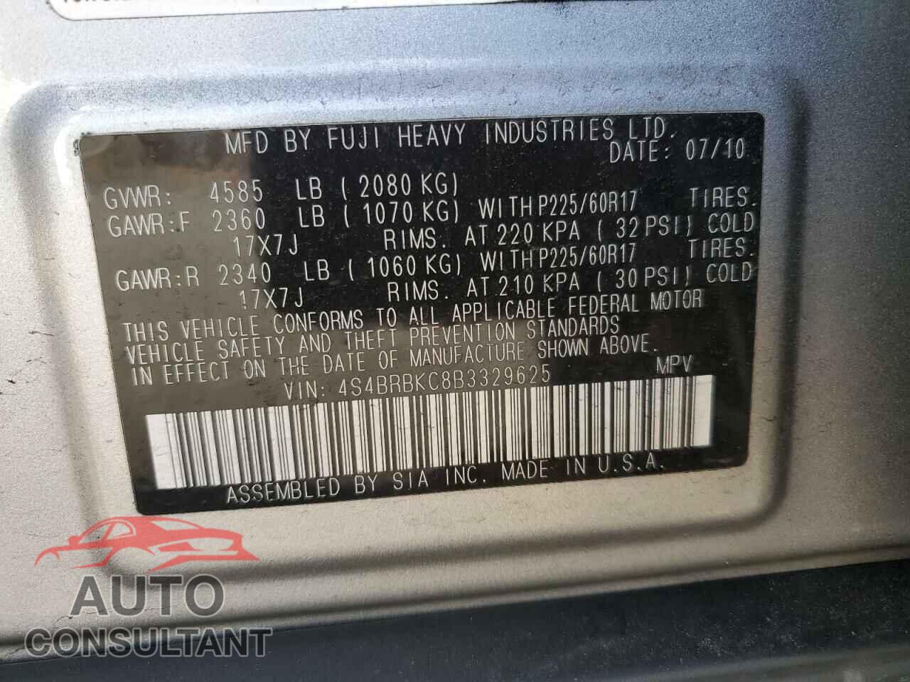 SUBARU OUTBACK 2011 - 4S4BRBKC8B3329625