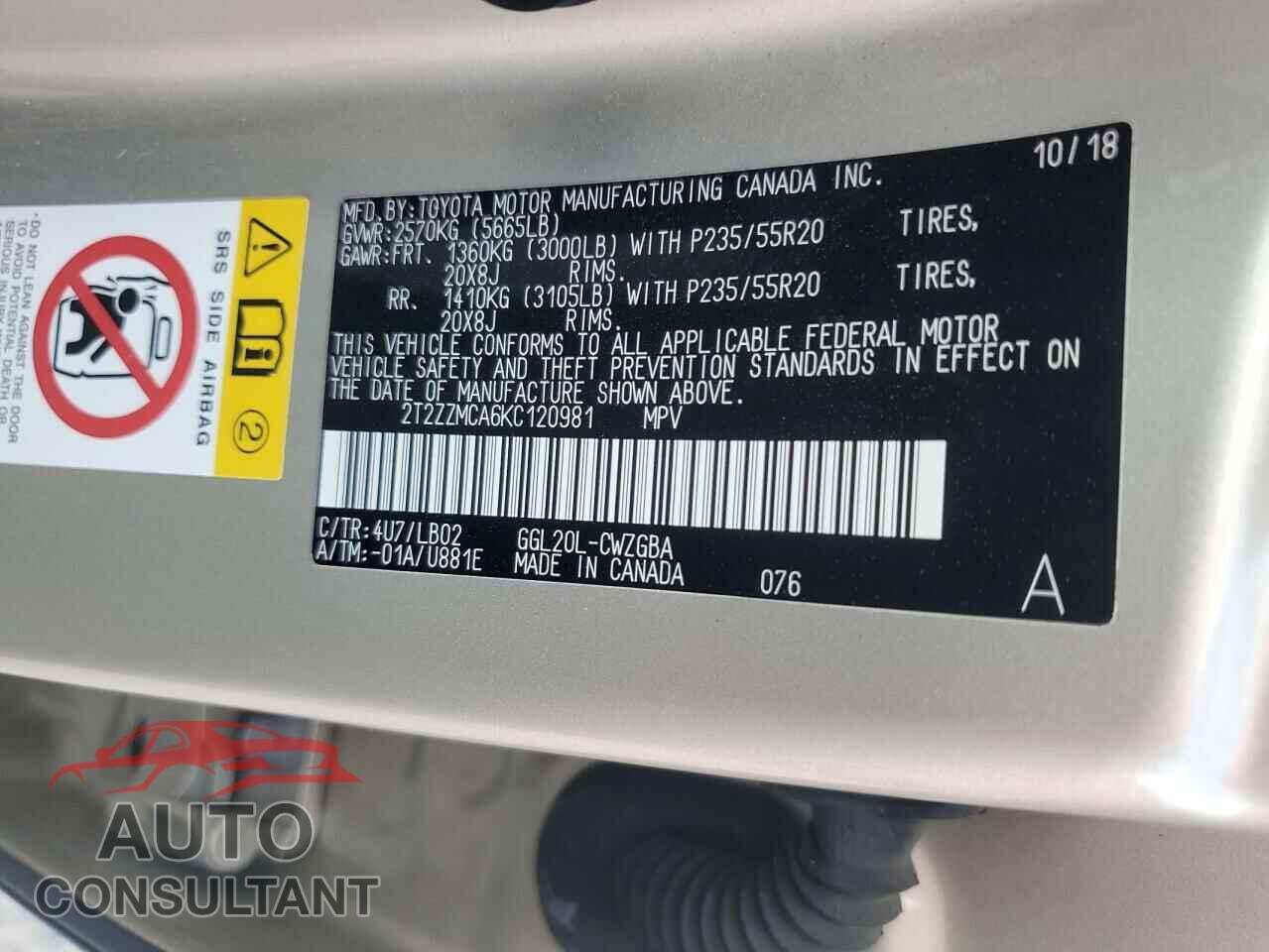 LEXUS RX350 2019 - 2T2ZZMCA6KC120981