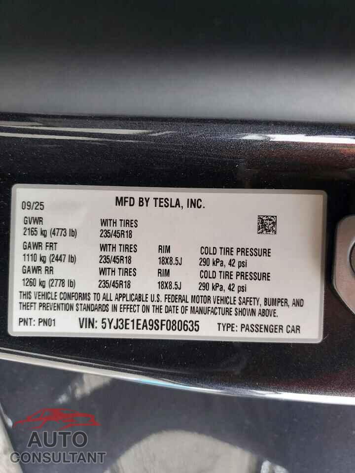 TESLA MODEL 3 2025 - 5YJ3E1EA9SF080635