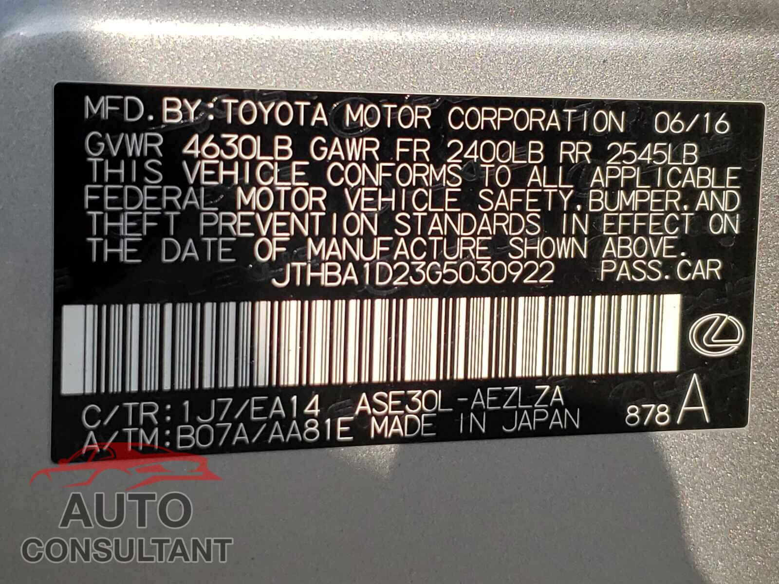 LEXUS IS 2016 - JTHBA1D23G5030922