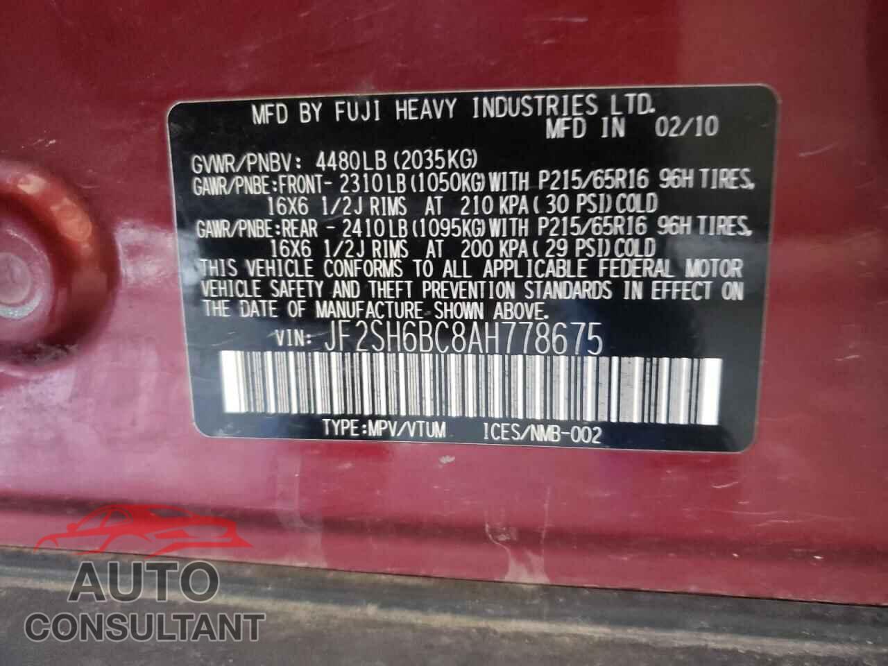 SUBARU FORESTER 2010 - JF2SH6BC8AH778675
