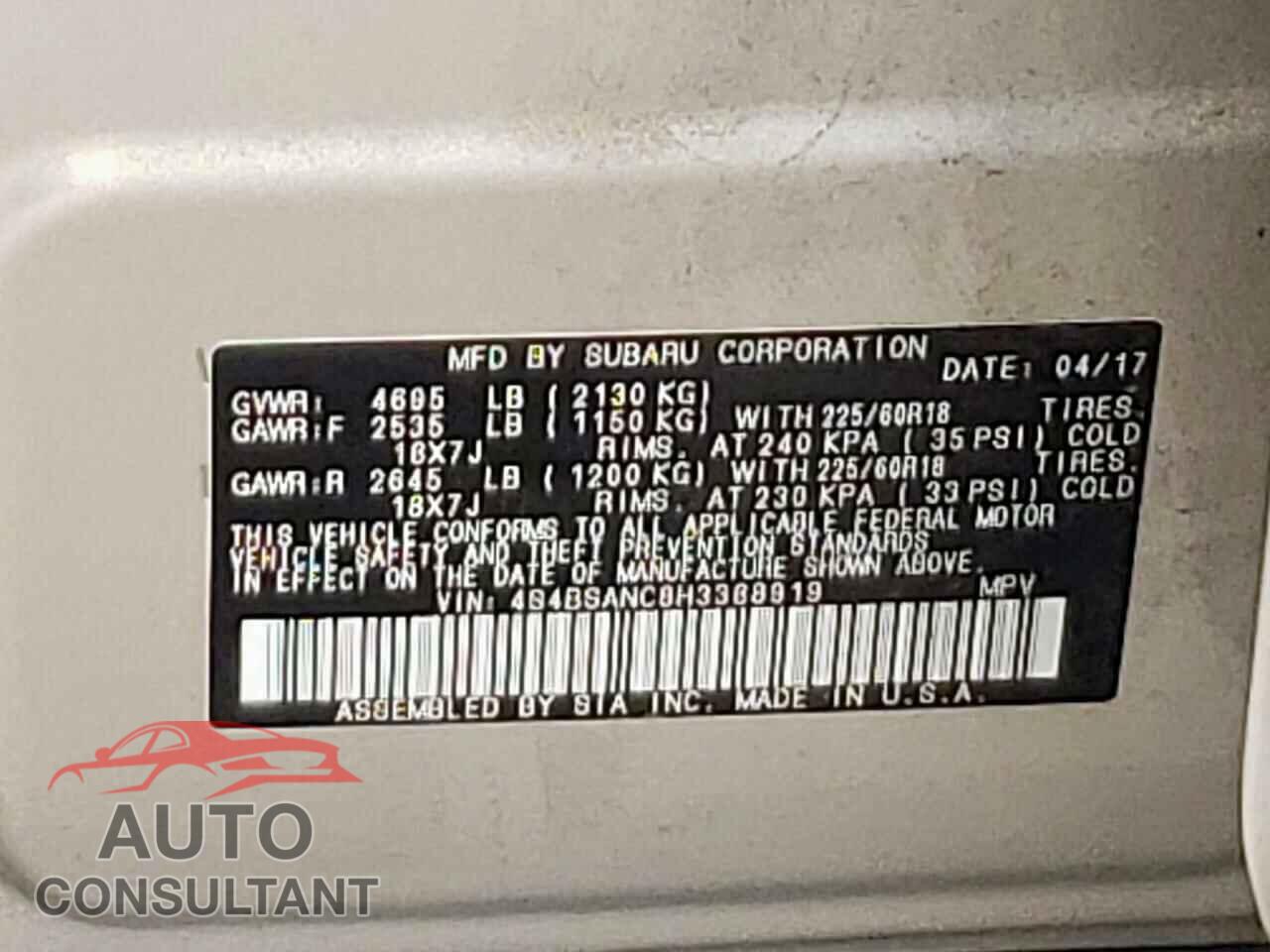 SUBARU OUTBACK 2017 - 4S4BSANC8H3388919