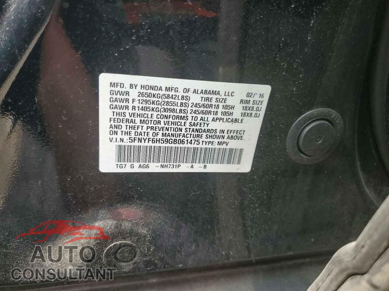 HONDA PILOT 2016 - 5FNYF6H59GB061475