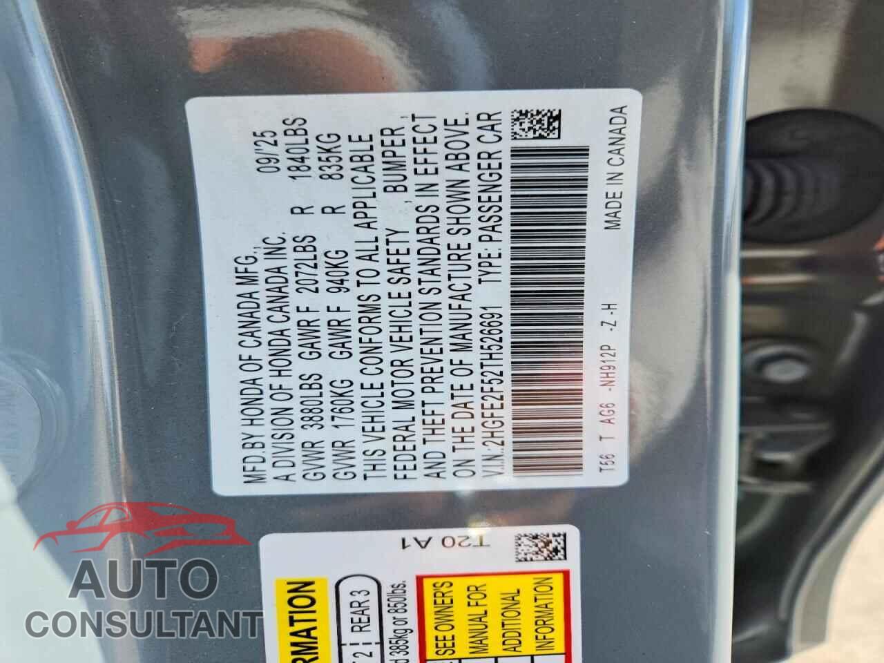 HONDA CIVIC 2026 - 2HGFE2F52TH526691