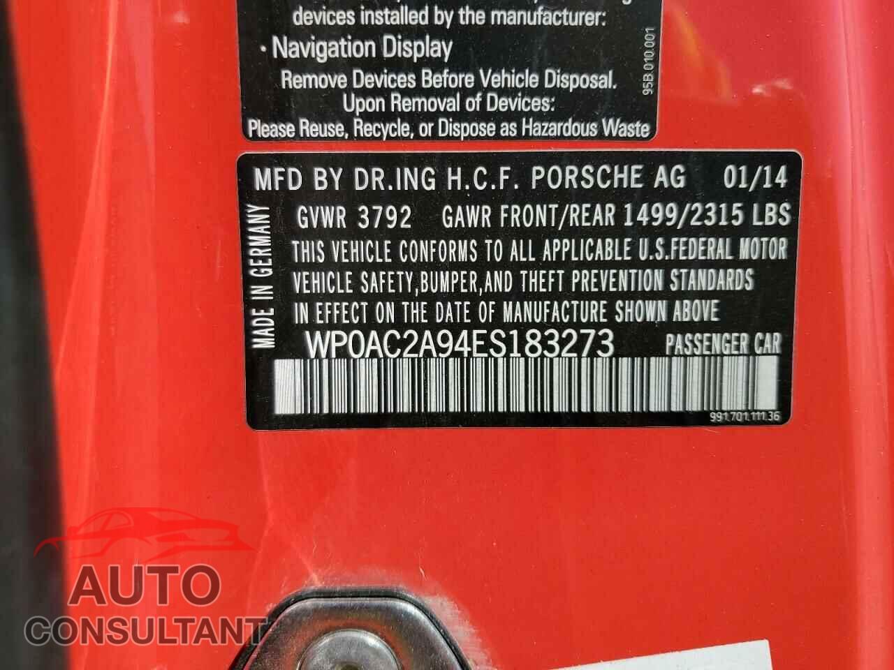 PORSCHE 911 2014 - WP0AC2A94ES183273