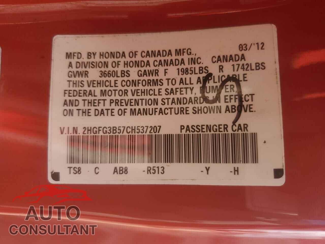 HONDA CIVIC 2012 - 2HGFG3B57CH537207