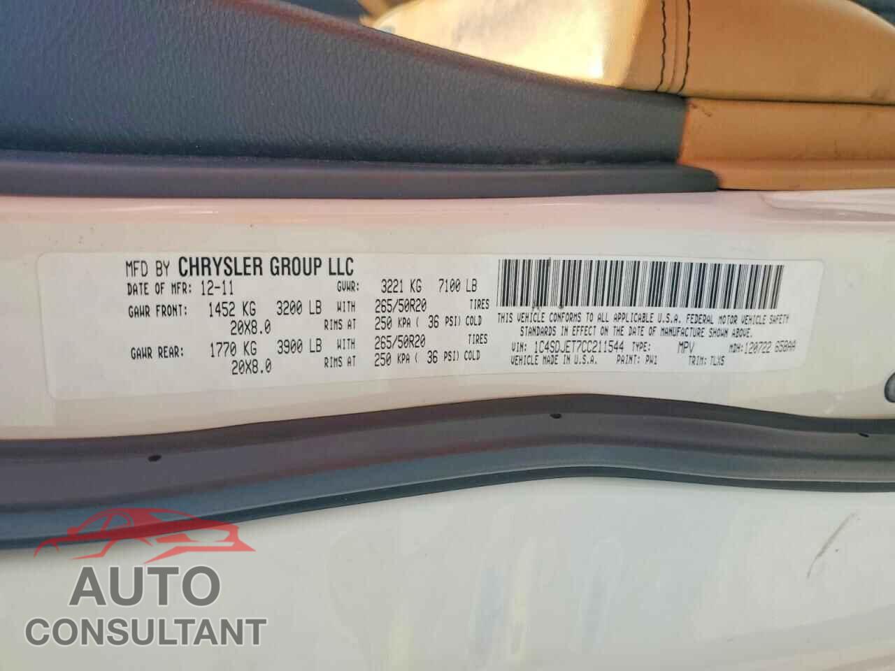 DODGE DURANGO 2012 - 1C4SDJET7CC211544