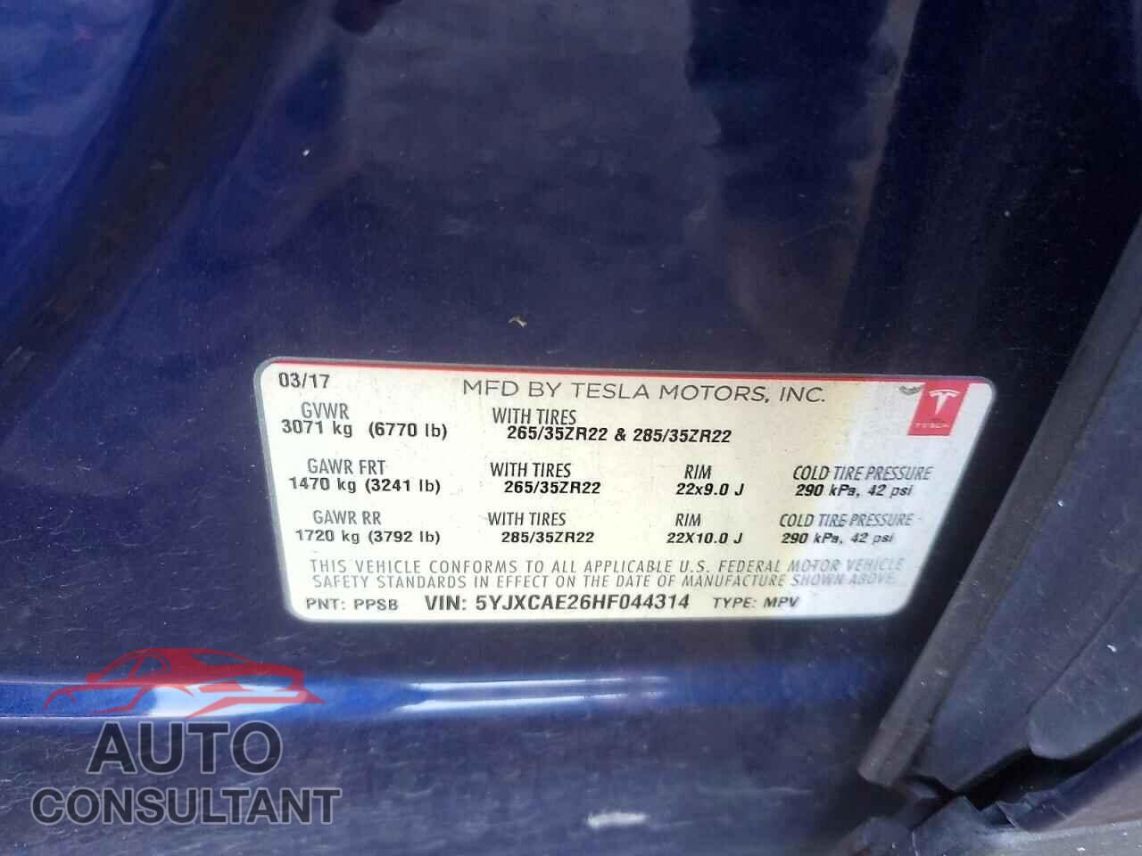 TESLA MODEL X 2017 - 5YJXCAE26HF044314