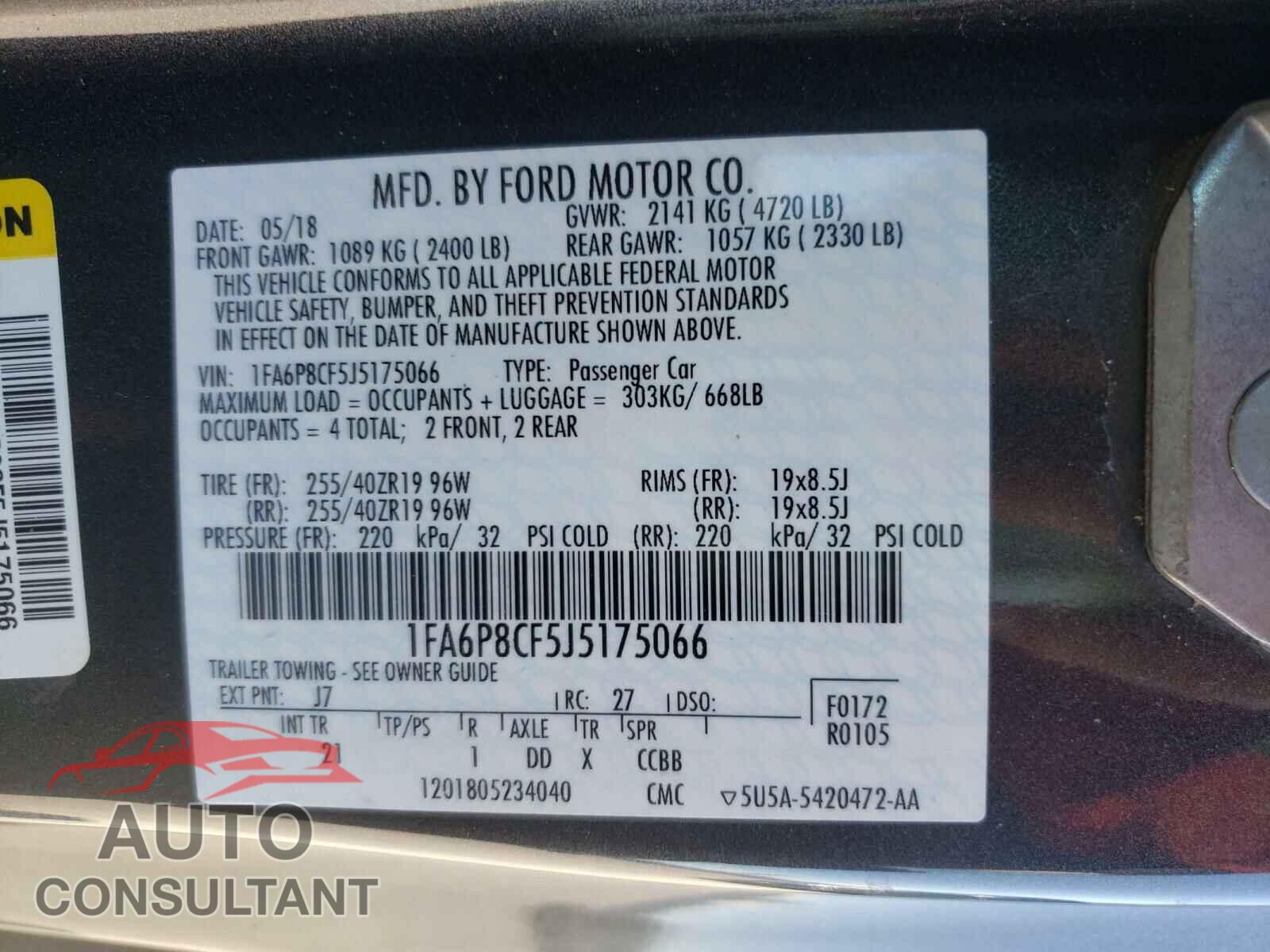 FORD MUSTANG 2018 - 1FA6P8CF5J5175066