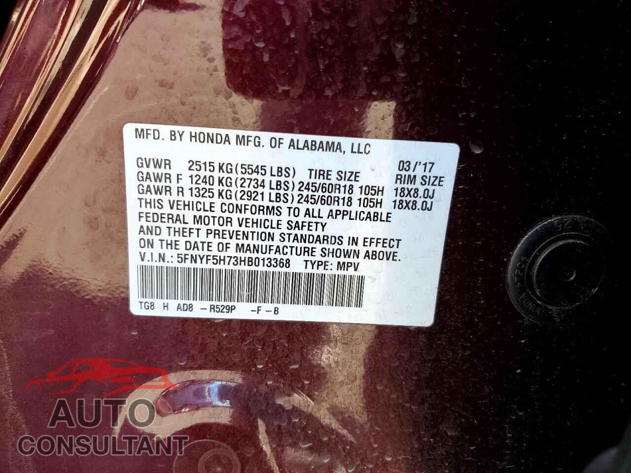 HONDA PILOT 2017 - 5FNYF5H73HB013368