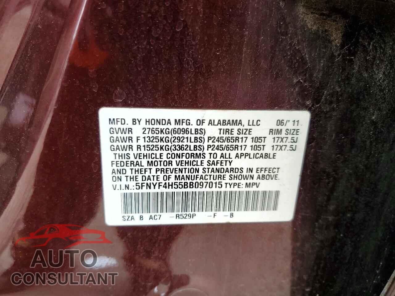 HONDA PILOT 2011 - 5FNYF4H55BB097015