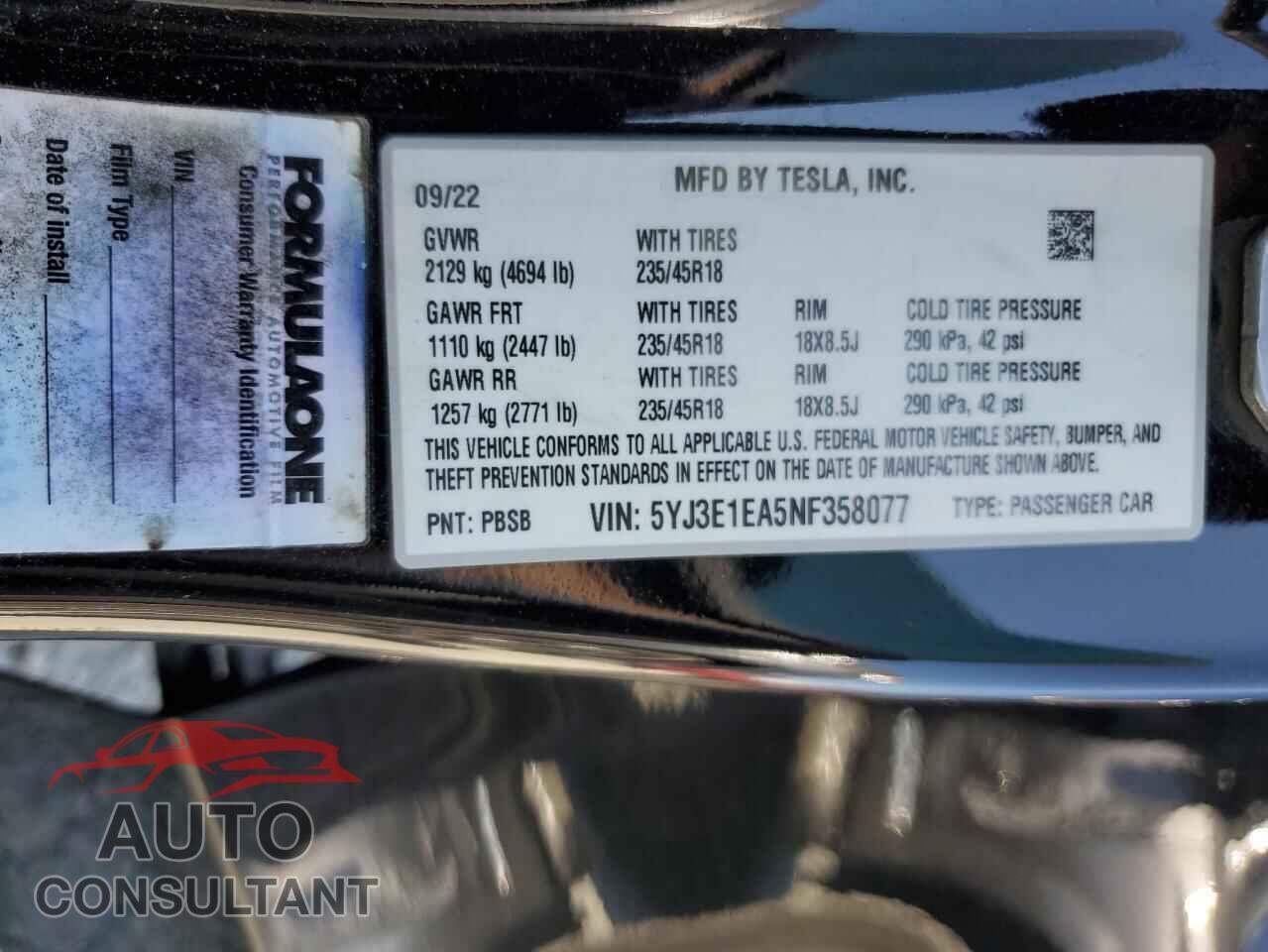 TESLA MODEL 3 2022 - 5YJ3E1EA5NF358077