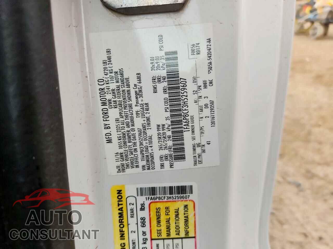 FORD MUSTANG 2017 - 1FA6P8CF3H5259607