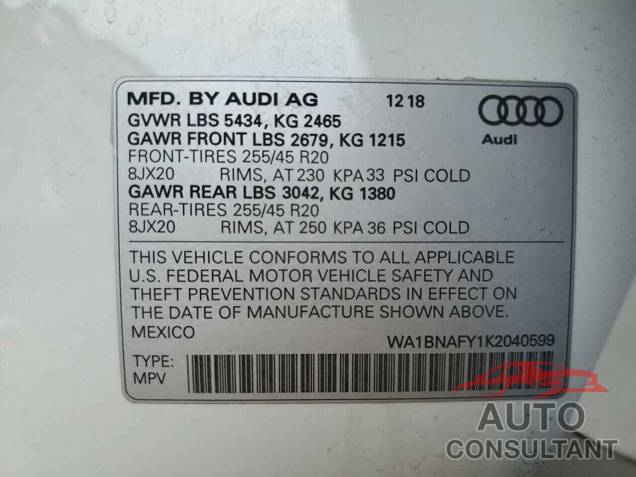 AUDI Q5 2019 - WA1BNAFY1K2040599