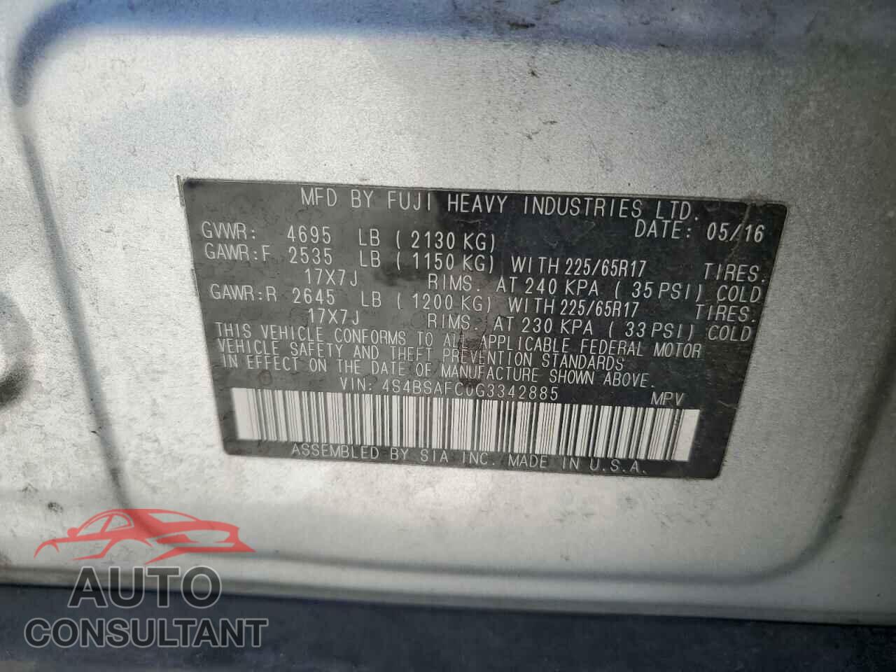 SUBARU OUTBACK 2016 - 4S4BSAFC0G3342885