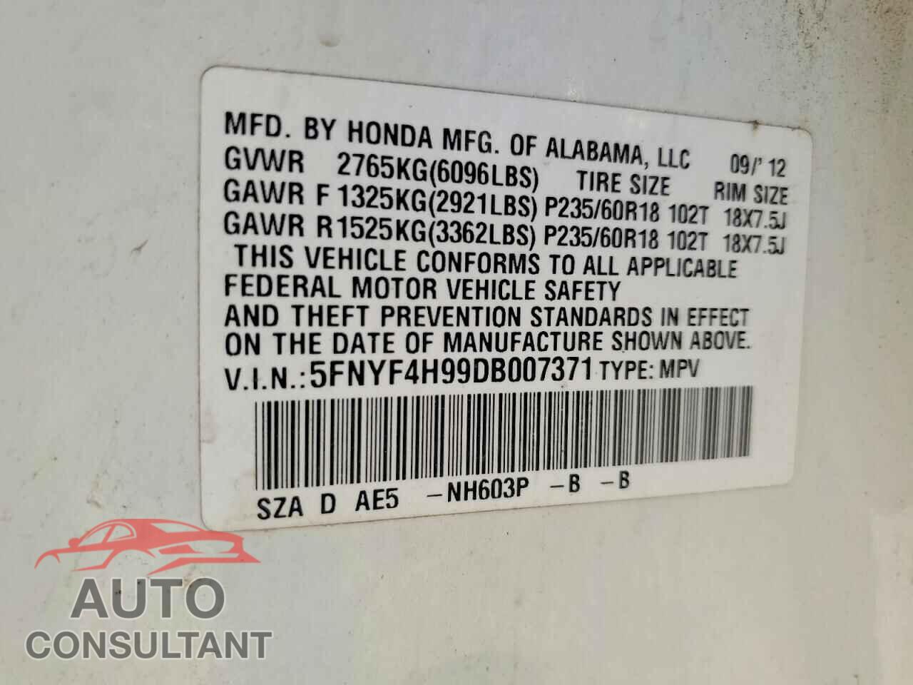 HONDA PILOT 2013 - 5FNYF4H99DB007371