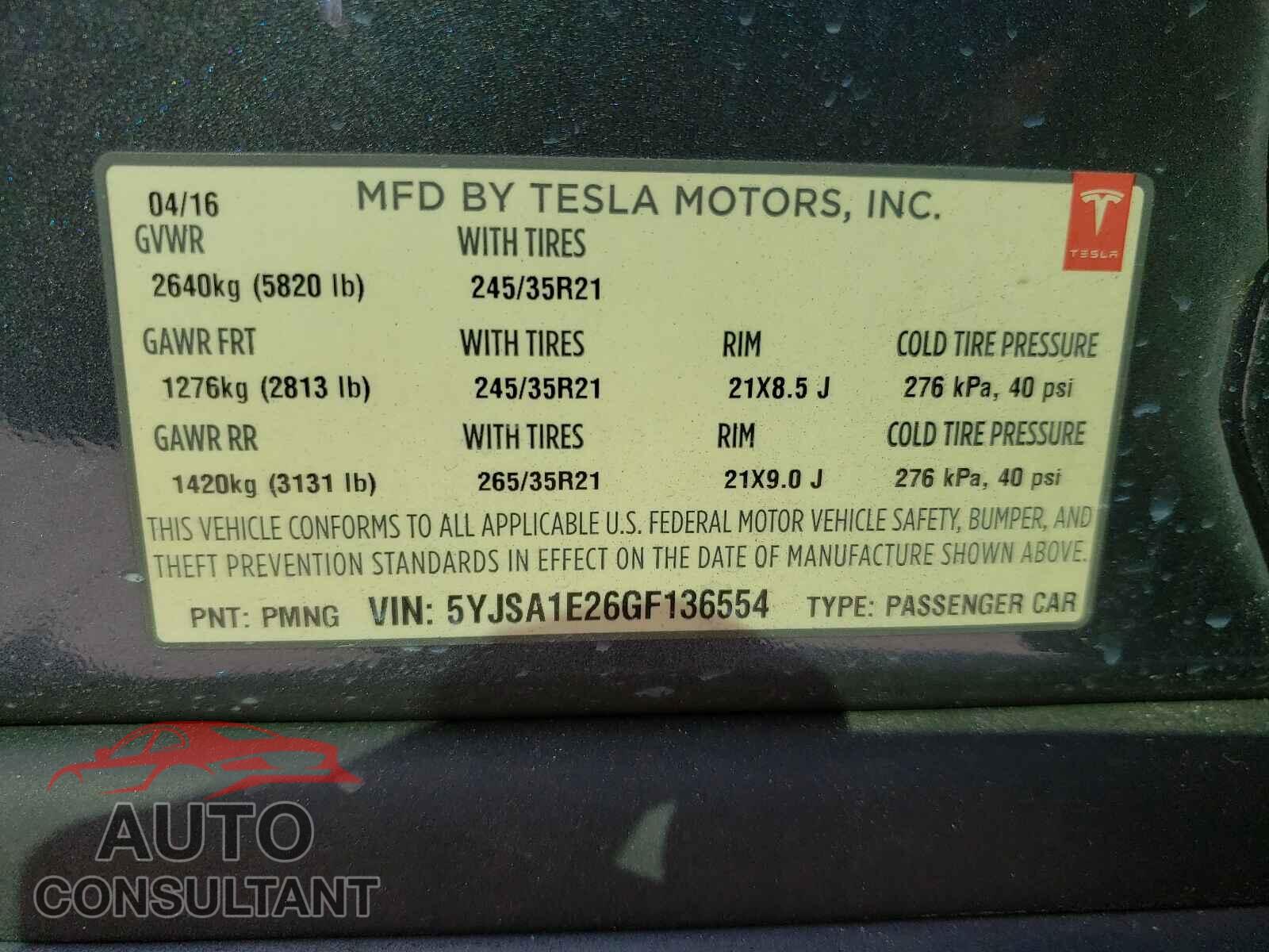 TESLA MODEL S 2016 - 5YJSA1E26GF136554