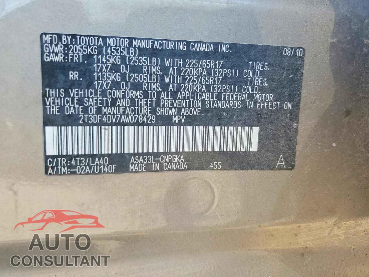 TOYOTA RAV4 2010 - 2T3DF4DV7AW078429
