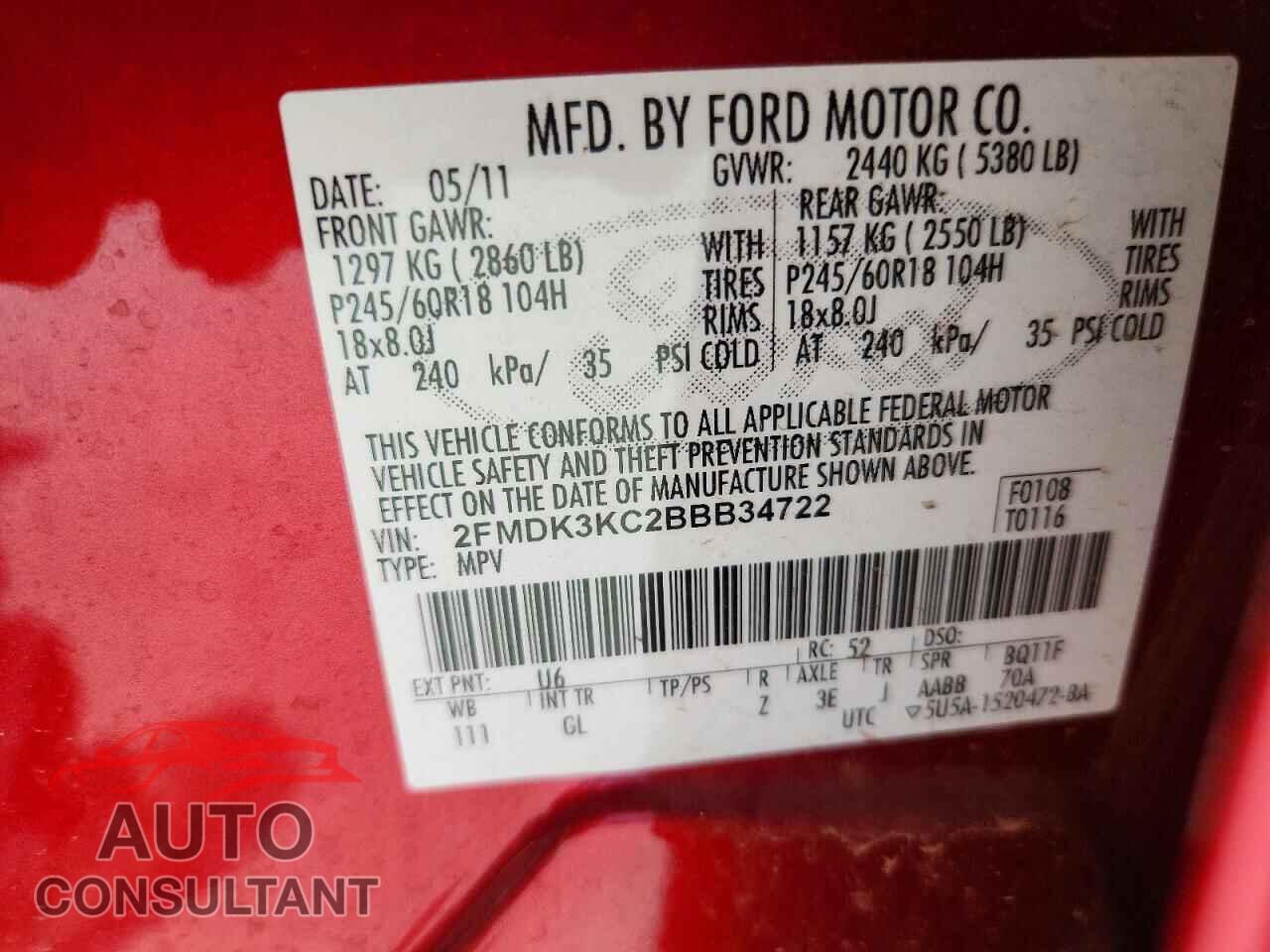 FORD EDGE 2011 - 2FMDK3KC2BBB34722