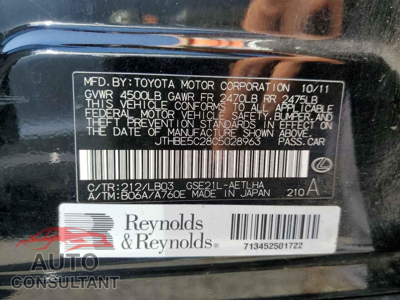 LEXUS IS 2012 - JTHBE5C28C5028963
