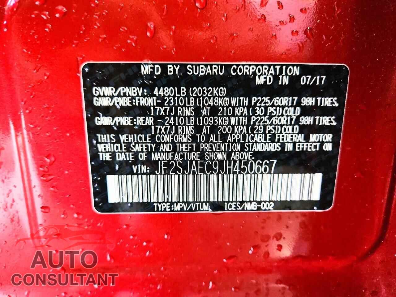 SUBARU FORESTER 2018 - JF2SJAEC9JH450667