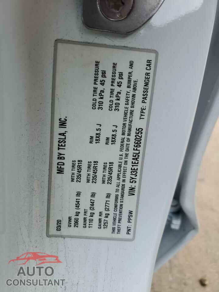 TESLA MODEL 3 2020 - 5YJ3E1EA5LF660255