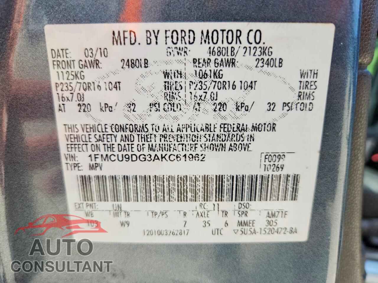 FORD ESCAPE 2010 - 1FMCU9DG3AKC61962