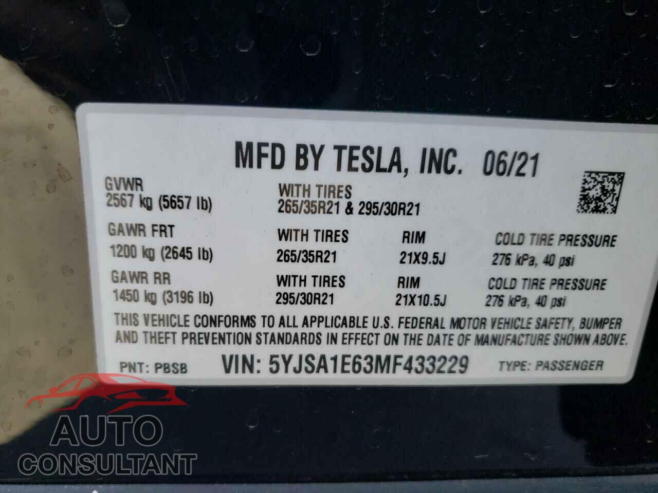 TESLA MODEL S 2021 - 5YJSA1E63MF433229