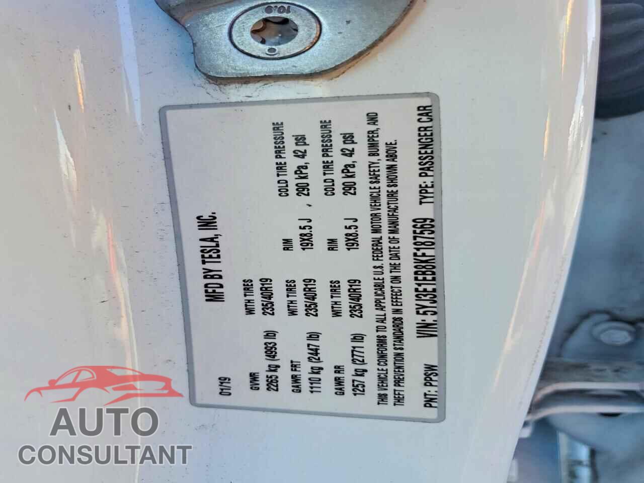 TESLA MODEL 3 2019 - 5YJ3E1EB8KF187569
