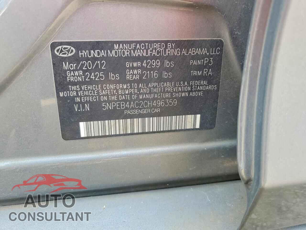 HYUNDAI SONATA 2012 - 5NPEB4AC2CH496359