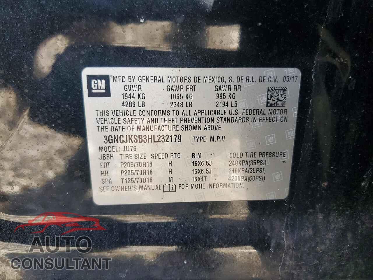 CHEVROLET TRAX 2017 - 3GNCJKSB3HL232179