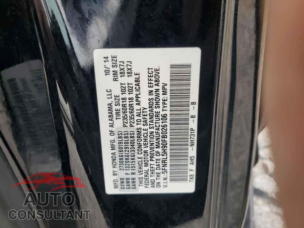 HONDA ODYSSEY 2015 - 5FNRL5H90FB026106