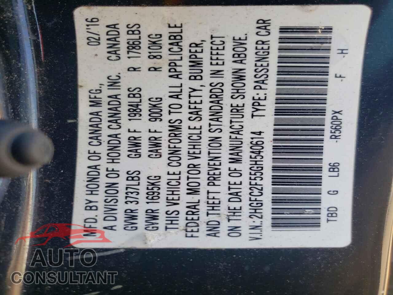 HONDA CIVIC 2016 - 2HGFC2F55GH540614