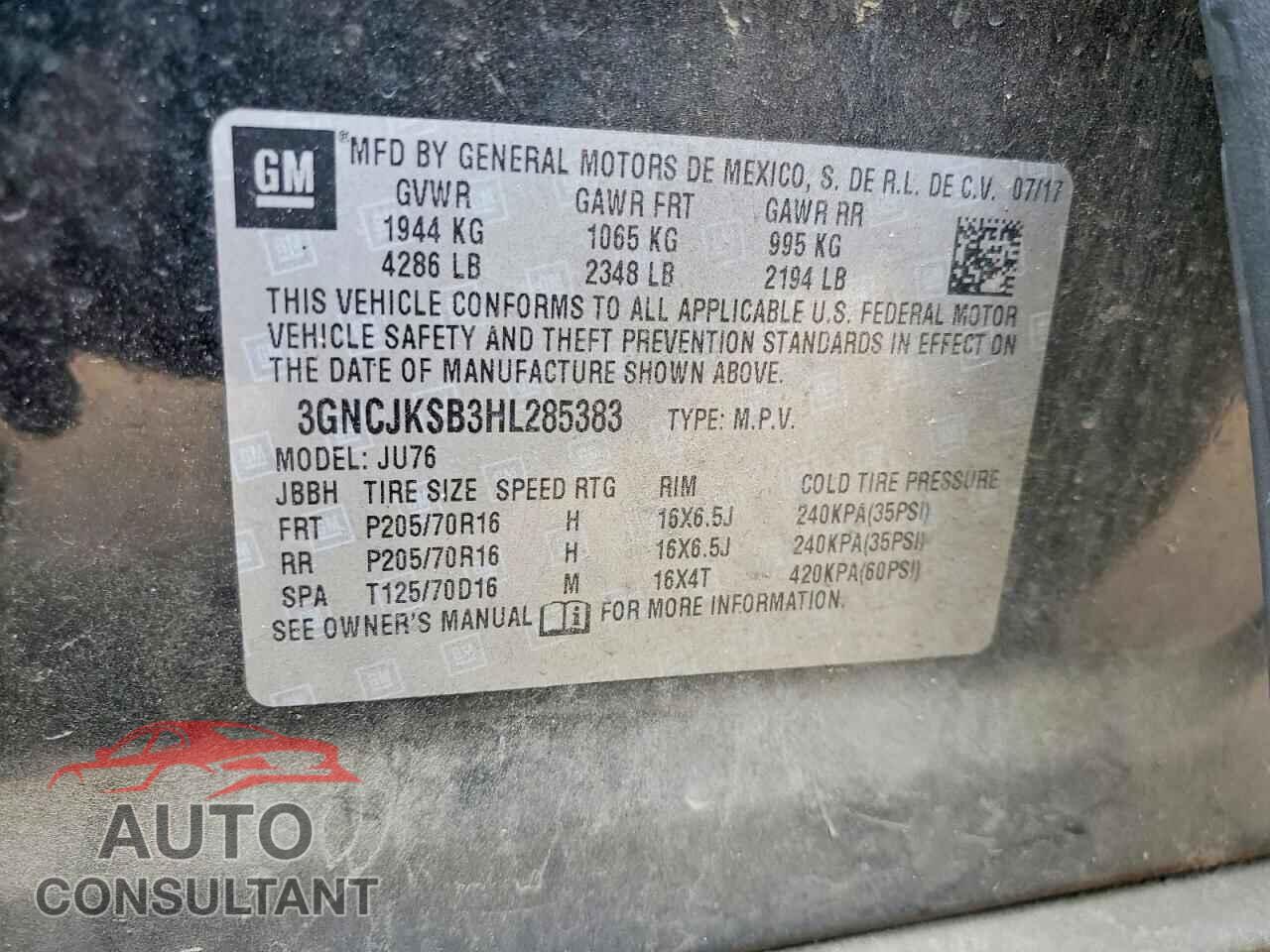 CHEVROLET TRAX 2017 - 3GNCJKSB3HL285383