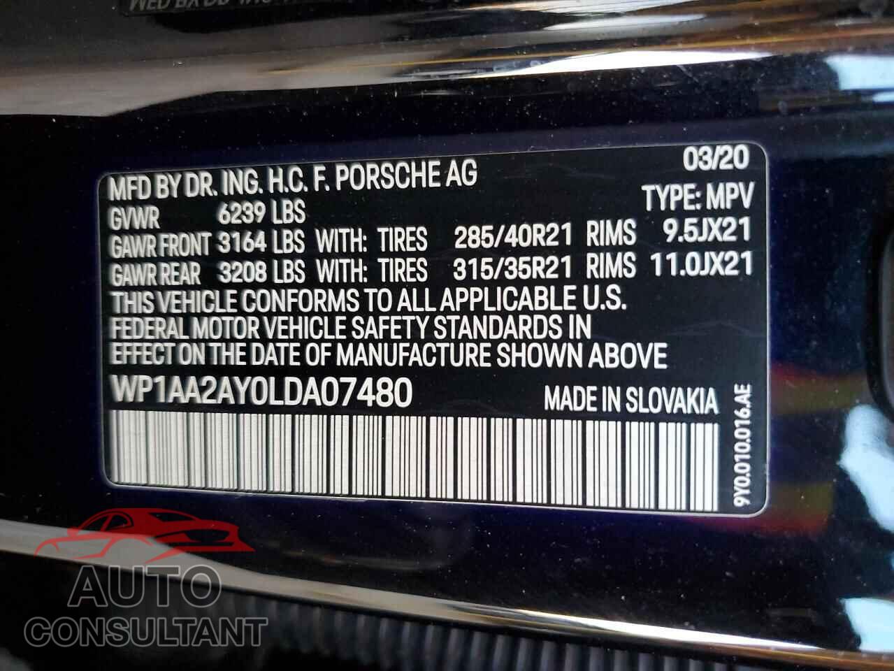 PORSCHE CAYENNE 2020 - WP1AA2AY0LDA07480
