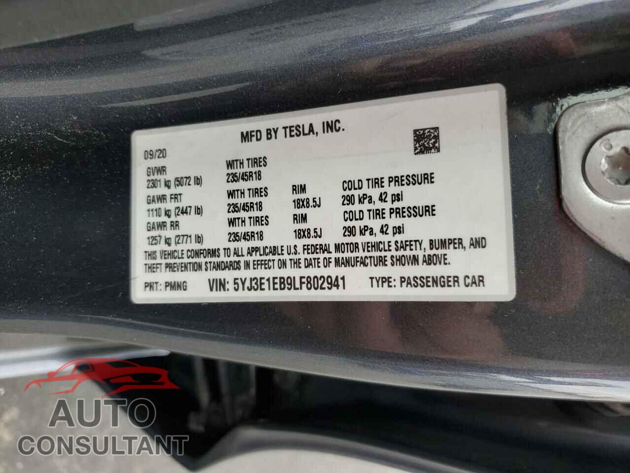 TESLA MODEL 3 2020 - 5YJ3E1EB9LF802941