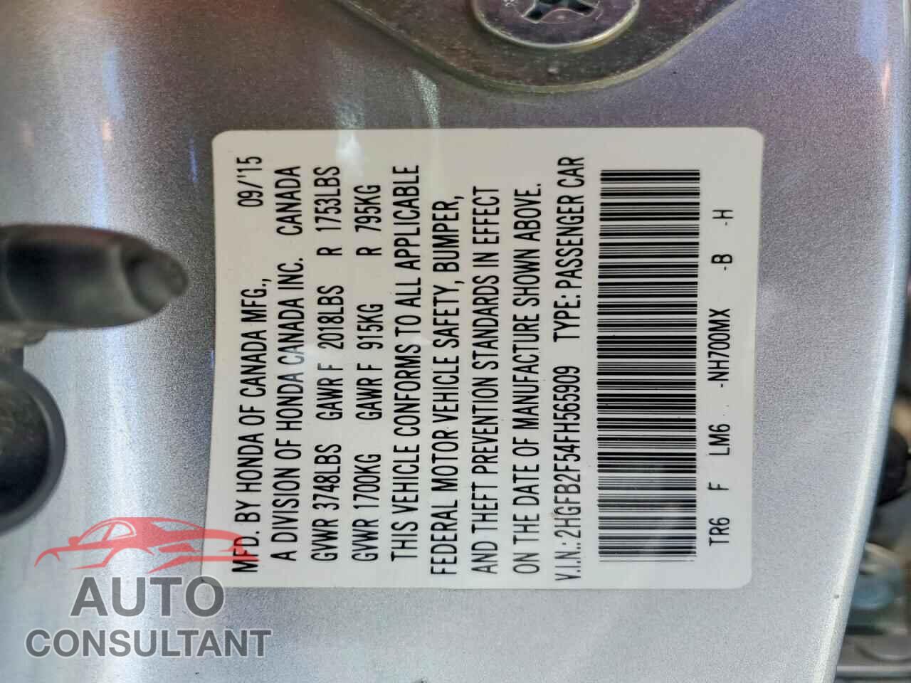 HONDA CIVIC 2015 - 2HGFB2F54FH565909