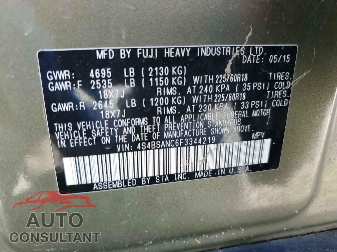 SUBARU OUTBACK 2015 - 4S4BSANC6F3344219